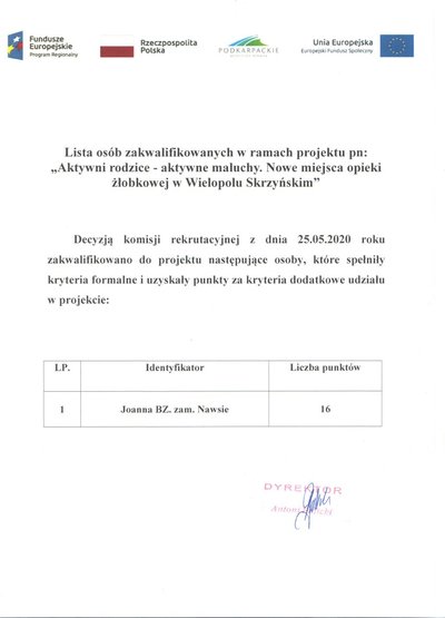Lista osób zakwalifikowanych w ramach projektu "Aktywni rodzice - aktywne maluchy. Nowe miejsca opieki żłobkowej w Wielopolu Skrzyńskim"