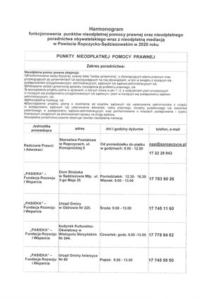 Harmonogram funkcjonowanie punktów nieodpłatnej pomocy prawnej oraz nieodpłatnego poradnictwa obywatelskiego wraz z nieodpłatną mediacją w Powiecie Ropczycko-Sędziszowskim w 2020 roku