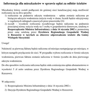 Informacja dla mieszkańców w sprawie opłat za odbiór ścieków