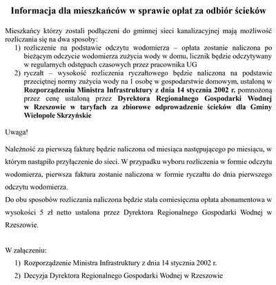 Informacja dla mieszkańców w sprawie opłat za odbiór ścieków