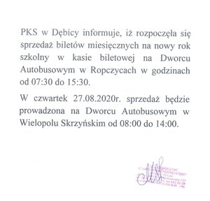 Informacja PKS w Dębicy o sprzedaży biletów miesięcznych