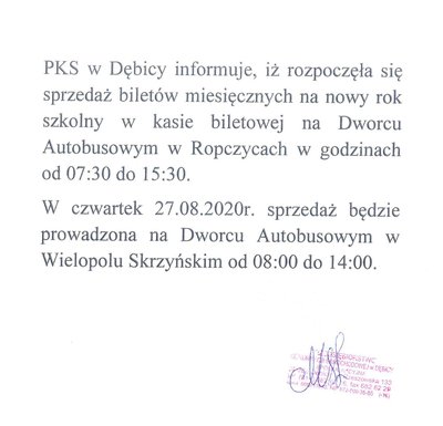 Informacja PKS w Dębicy o sprzedaży biletów miesięcznych