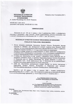 OBWIESZCZENIE REGIONALNEGO DYREKTORA OCHRONY ŚRODOWISKA W RZESZOWIE