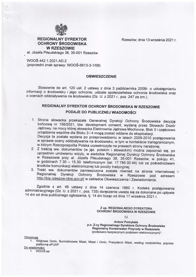 OBWIESZCZENIE REGIONALNEGO DYREKTORA OCHRONY ŚRODOWISKA W RZESZOWIE