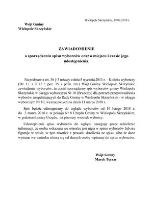 Zawiadomienie Wójta Gminy Wielopole Skrzyńskie z dnia 19 lutego 2018 r.