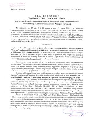 Obwieszczenie Wójta Gminy Wielopole Skrzyńskie o wyłożeniu do publicznego wglądu projektu miejscowego planu zagospodarowania przestrzennego "Centrum" miejscowości Wielopole Skrzyńskie