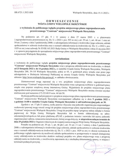 Obwieszczenie Wójta Gminy Wielopole Skrzyńskie o wyłożeniu do publicznego wglądu projektu miejscowego planu zagospodarowania przestrzennego "Centrum" miejscowości Wielopole Skrzyńskie