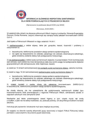 Informacja Głównego Inspektora Sanitarnego dla osób powracających z Północnych Włoch