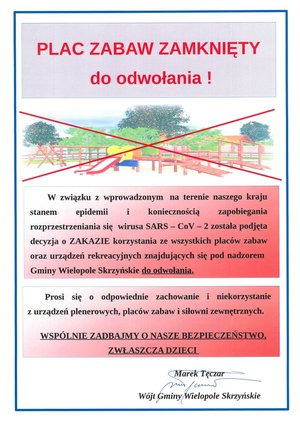 Komunikat o zamknięciu ogólnodostępnych placów zabaw