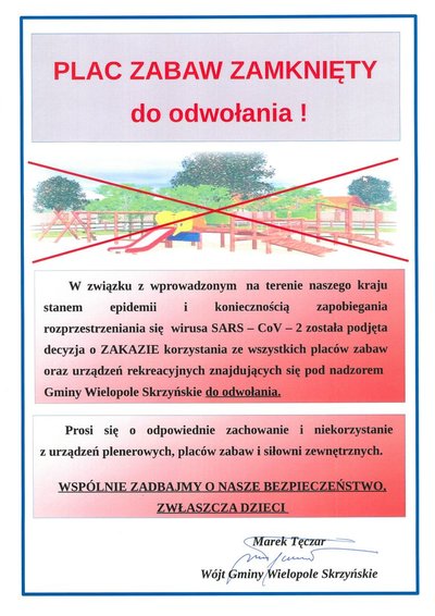 Komunikat o zamknięciu ogólnodostępnych placów zabaw