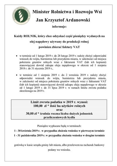 Zwrot podatku akcyzowego - 2019