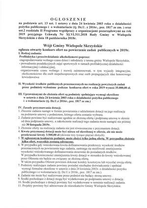 Ogłoszenie o konkursie ofert na powierzenie zadań publicznych w 2019 roku