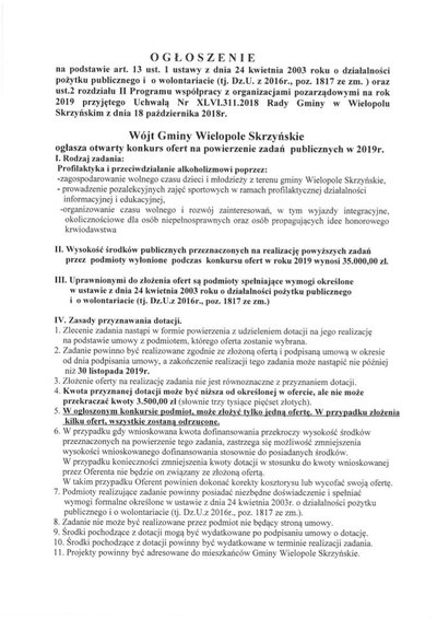 Ogłoszenie o konkursie ofert na powierzenie zadań publicznych w 2019 roku