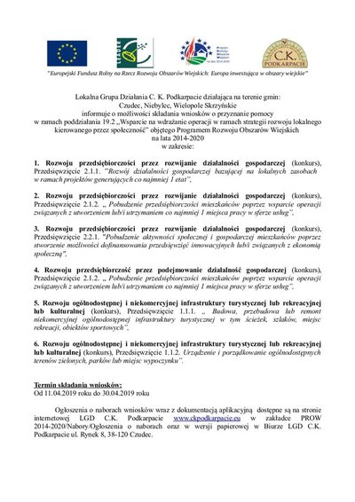 Lokalna grupa Działania C.K Podkarpacie - informacja o terminach naborów wniosków