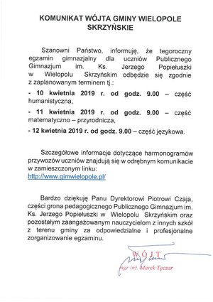 Komunikat Wójta Gminy Wielopole Skrzyńskie