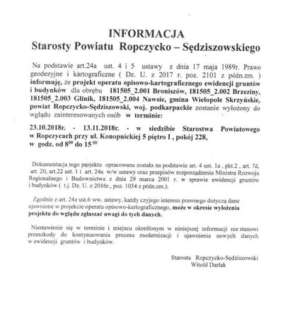Informacja dla mieszkańców Gminy Wielopole Skrzyńskie dot. projektu operatu opisowo - kartograficznego ewidencji gruntów i budynków