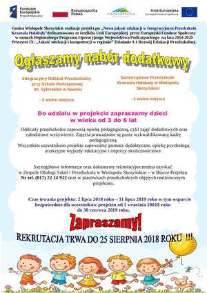 Nabór dodatkowy do projektu pn. Nowa Jakość edukacji w Integracyjnym Przedszkolu Krasnala Hałabały