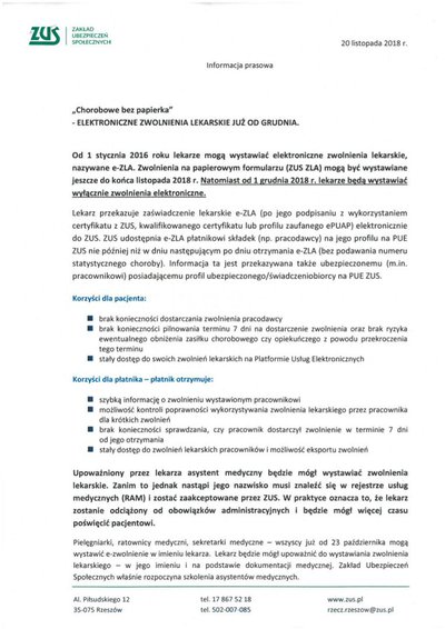 Elektroniczne zwolnienia lekarskie już do grudnia 2018