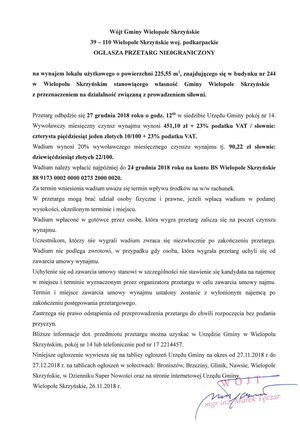 Przetarg nieograniczony na wynajem lokalu użytkowego znajdującego się w budynku  nr 244 w Wielopolu Skrzyńskim stanowiącym własność Gminy Wielopole Skrzyńskie z przeznaczeniem na działalność związaną z prowadzeniem siłowni