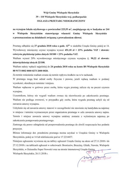 Przetarg nieograniczony na wynajem lokalu użytkowego znajdującego się w budynku nr 244 w Wielopolu Skrzyńskim stanowiącym własność Gminy Wielopole Skrzyńskie z przeznaczeniem na działalność związaną z prowadzeniem siłowni