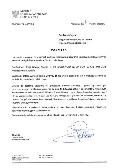 Promesa na przebudowę drogi gminnej Nawsie - Rzeczki