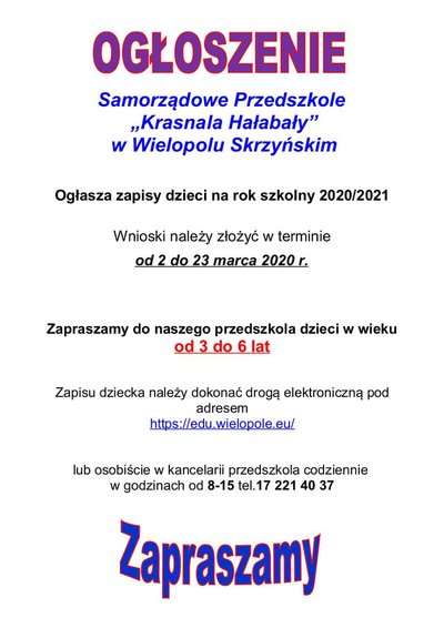 Zapisy dzieci do Samorządowego Przedszkola Krasnala Hałabały w Wielopolu Skrzyńskim na rok szkolny 2020/2021