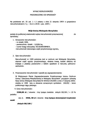 WYKAZ NIERUCHOMOŚCI PRZEZNACZONEJ DO SPRZEDAŻY