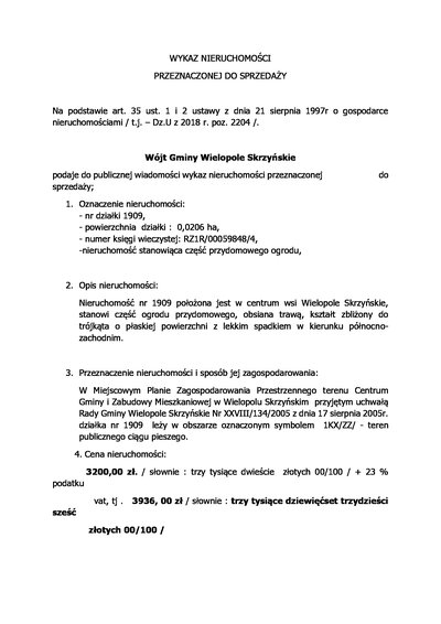 WYKAZ NIERUCHOMOŚCI PRZEZNACZONEJ DO SPRZEDAŻY