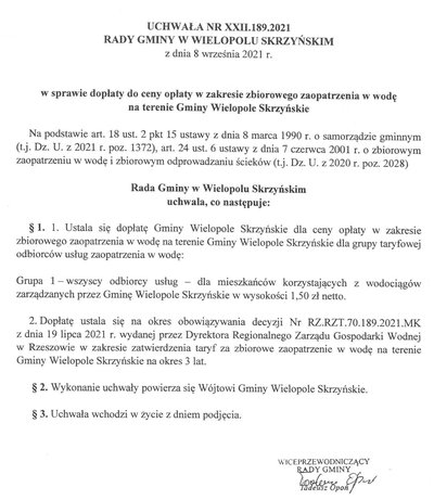 Uchwała rady gminy w sprawie dopłaty do ceny w zakresie zbiorowego zaopatrzenia w wodę na terenie Gminy Wielopole Skrzyńskie