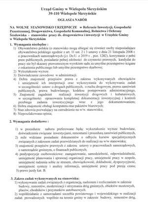 Nabór na wolne stanowisko urzędnicze ds. drogownictwa i inwestycji w Urzędzie Gminy w Wielopolu Skrzyńskim