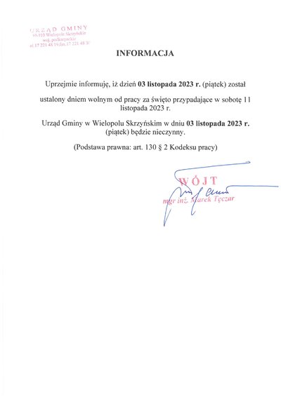 W dniu 3 listopada Urząd Gminy NIECZYNNY