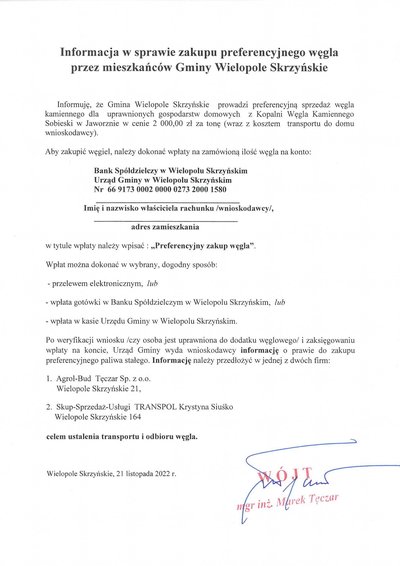 Informacja w sprawie zakupu preferencyjnego węgla przez mieszkańców Gminy Wielopole Skrzyńskie