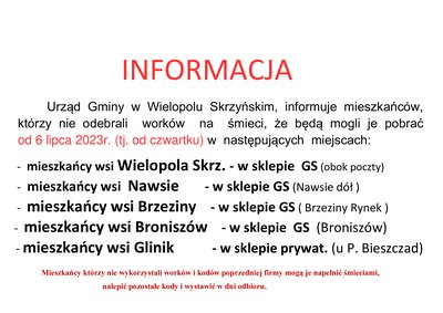 Informacja dla mieszkańców którzy nie pobrali worków