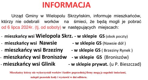Informacja dla mieszkańców Gminy, którzy nie odebrali worków na śmieci