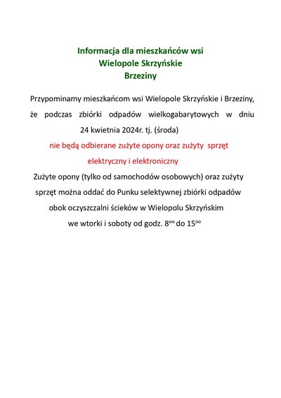 Informacja dla mieszkańców wsi Wielopole Skrzyńskie i Brzeziny