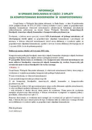 Informacja w sprawie zwolnienia w części z opłaty za kompostowanie bioodpadów w kompostowniku