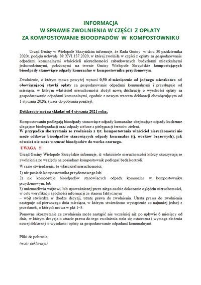 Informacja w sprawie zwolnienia w części z opłaty za kompostowanie bioodpadów w kompostowniku