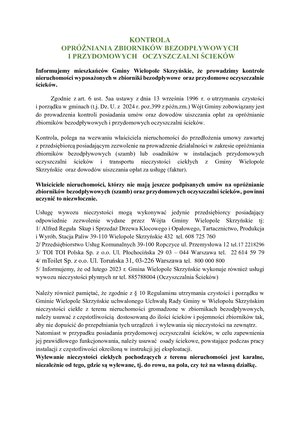 KONTROLA OPRÓŻNIANIA ZBIORNIKÓW BEZODPŁYWOWYCH I PRZYDOMOWYCH OCZYSZCZALNI ŚCIEKÓW