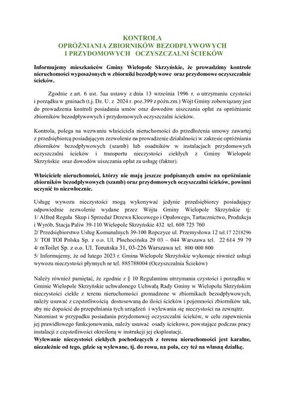 KONTROLA OPRÓŻNIANIA ZBIORNIKÓW BEZODPŁYWOWYCH I PRZYDOMOWYCH OCZYSZCZALNI ŚCIEKÓW