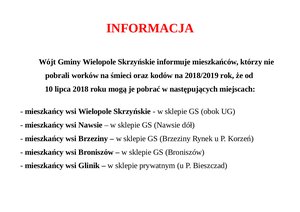 Informacja dla mieszkańców, którzy nie pobrali worków na śmieci oraz kodów na 2018/2019 rok