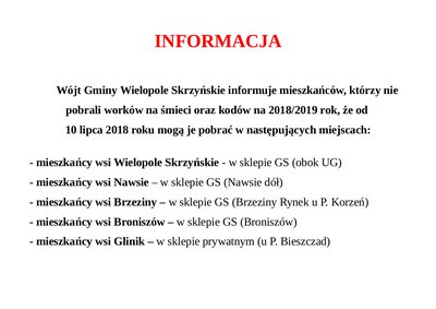 Informacja dla mieszkańców, którzy nie pobrali worków na śmieci oraz kodów na 2018/2019 rok