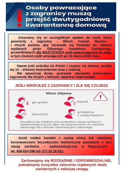 Informacja dla osób powracającyh z zagranicy