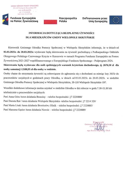 Informacja dotycząca bezpłatnej żywności dla mieszkańców Gminy Wielopole Skrzyńskie