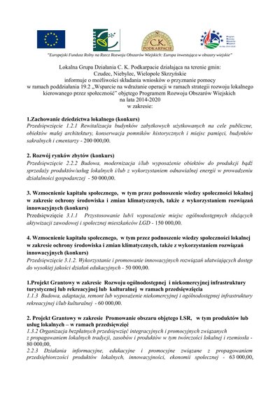 Lokalna Grupa Działania C. K. Podkarpacie informuje o możliwości składania wniosków o przyznanie pomocy.