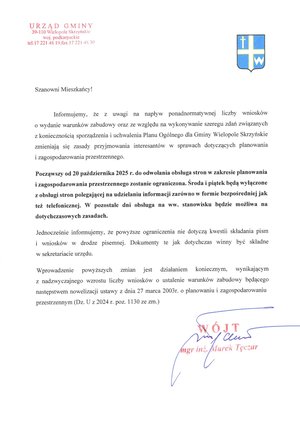 Czasowe ograniczenie obsługi przyjmowania stron w sprawach planowania i zagospodarowania przestrzennego