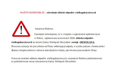 Odwołanie zbiórki odpadów wielkogabarytowych