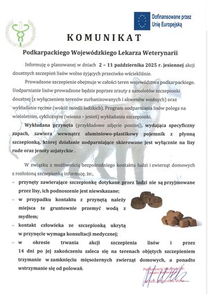 KOMUNIKAТ Dofinansowane przez Unię Europejską Podkarpackiego Wojewódzkiego Lekarza Weterynarii