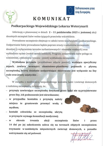 KOMUNIKAТ Dofinansowane przez Unię Europejską Podkarpackiego Wojewódzkiego Lekarza Weterynarii