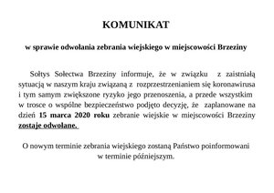 KOMUNIKAT w sprawie odwołania zebrania wiejskiego w miejscowości Brzeziny