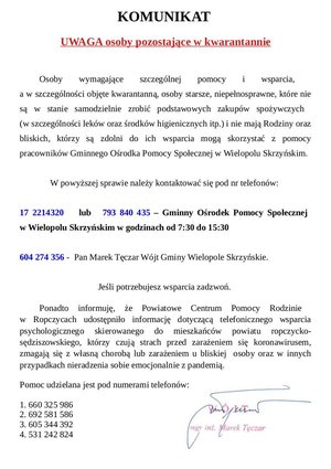 Komunikat dla osób przebywajacych w kwarantannie